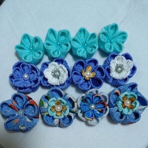 つまみ細工パーツ【け】水色 サイズばらばら ハンドメイド つまみ細工髪飾り 成人式 お花のモチーフ 髪飾り 結婚式 卒業式 お正月