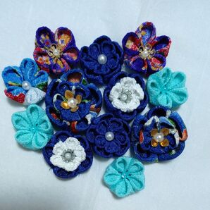 つまみ細工パーツ【こ】水色 青 紺 お花のモチーフ ハンドメイド モチーフ 成人式 かんざし