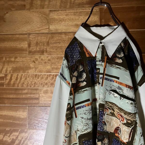 柄シャツ 総柄シャツ 長袖シャツ ポリシャツ マルチカラー ホワイト レトロ くすみマルチカラー ゆるダボ L〜XL程