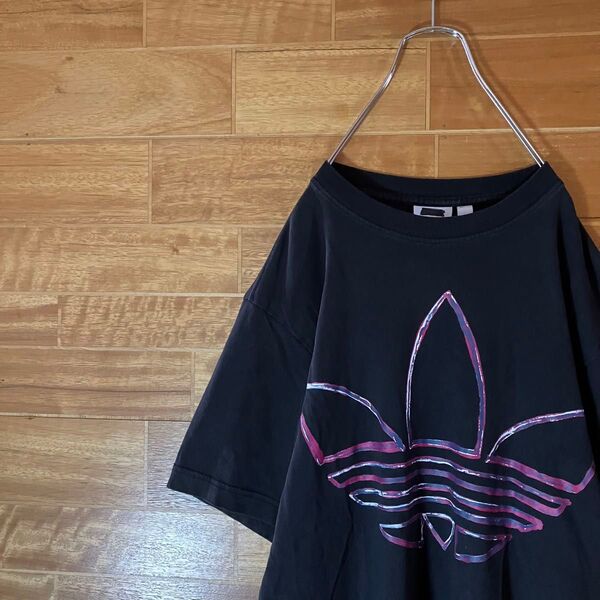 adidas Tシャツ 半袖 ビッグロゴ トレフォイル センターロゴ ブラック レトロ アート柄 L