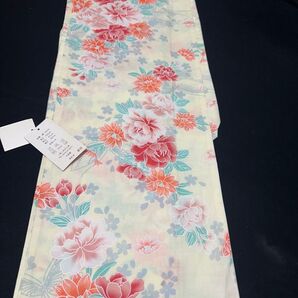 夏浴衣 綿 牡丹 花柄 クリーム色 ピンク&オレンジ 和装