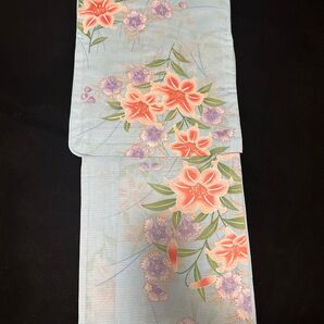 浴衣新品 ユリ柄 水色 フリーサイズ