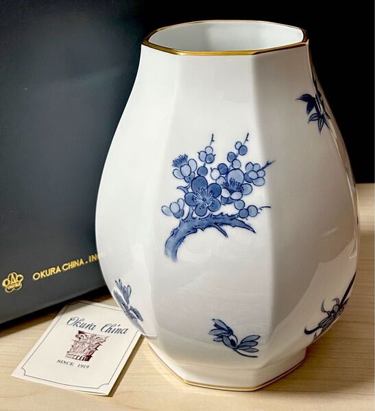大倉陶園 四君子 八角花瓶 ※オリジナルボックス付属 未使用保管品