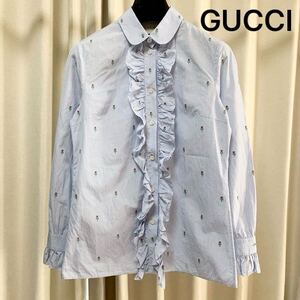 GUCCI グッチ 現行 フラワー刺繍 フリルブラウス 現行 シェリーライン 長袖シャツ ストライプ トップス 薔薇刺繍 花柄 バラ サイズ40