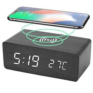 目覚まし時計 QIワイヤレス充電器 木目調デスクトップアラームクロック 調整可能
