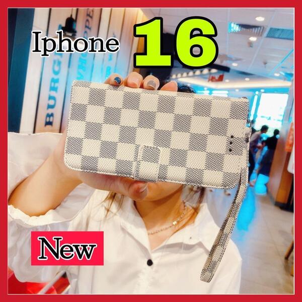 大人気 iPhone16ケース手帳型 白色 チェック柄 PUレザー 高級感 耐衝撃 アイホン16カバー ホワイト カード収納 おしゃれ