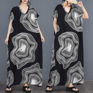 新品 大きいサイズ半袖 Vネック ロングワンピース ゆったり 花柄 夏物マキシ丈