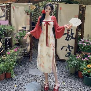 【新品】大きいサイズ チャイナ風ロングワンピース4Lレッド長袖レディース