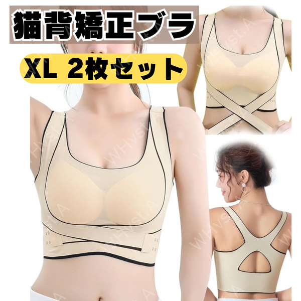 姿勢矯正 猫背矯正ブラ 2枚セット XL ベージュ ナイトブラ 補正ブラ 育乳