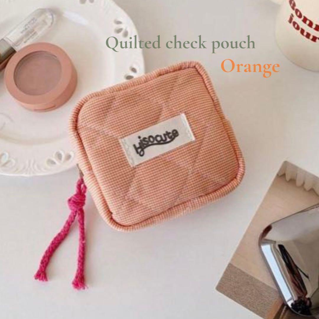 ポーチ マルチポーチ チェック柄 オレンジ キルティング マルチケース チェック