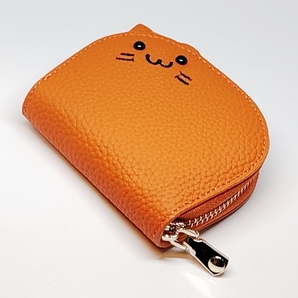 じゃばら式カードケース ★かわいい猫デザイン コインケース 小銭入れ 小物入れ レザー カラー オレンジ ラウンドファスナー ネコ