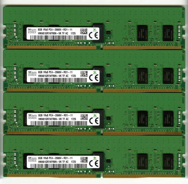 【RDIMM】DDR4-2666、ECC Registered、8GBの4枚セットで32GB、中古 SKhynix reg pc4 サーバー メモリ Z4 G4で動作確認済み 1725-2