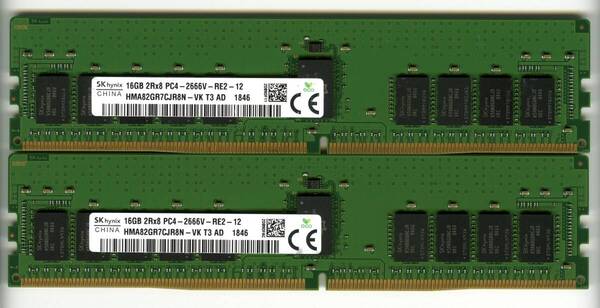 【RDIMM】DDR4-2666、ECC Registered、16GBの2枚セットで32GB、中古 SKhynix reg pc4 サーバー メモリ Z4 G4で動作確認済み 1846