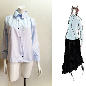 【1点もの・デザイン画付き】播州織ドビーストライプサックス水色生地湾曲アシメトリーブラウス(KOJI TOYODA)