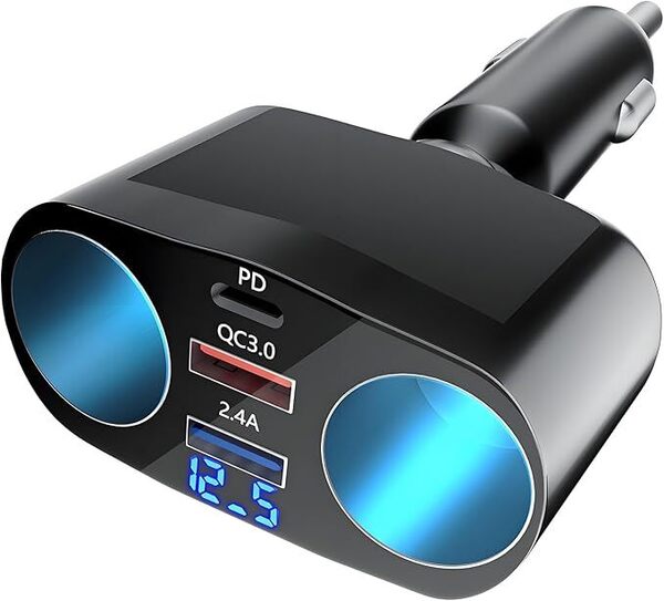 シガーソケット 2連 QC3.0/PD30W 最大120W急速充電 5台同時充電可能 USB 3口ポート 電圧計搭載 360°調整可能 12V/24V車両対応
