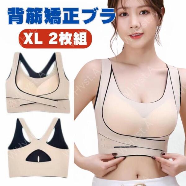 XL猫背矯正ブラ 2枚セット ベージュ ナイトブラ 育乳ブラ ノンワイヤー