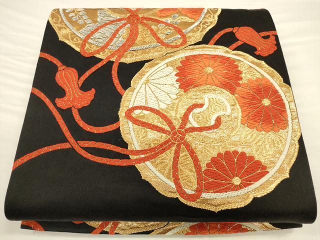 草木唐織　袋帯　未使用保管品 袋帯 草木唐織 吉祥七宝三友文 百彩 灰色 ガード加工 O-4856