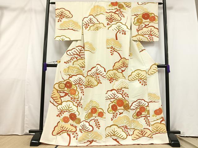 付下げ 雲柄に刺繍の花模様 金彩 金駒刺繍 白色 高島屋お誂え KK-1758 金駒刺繍 引箔袋帯【七宝 白灰】 [241021-kinho-39] - ￥115,000