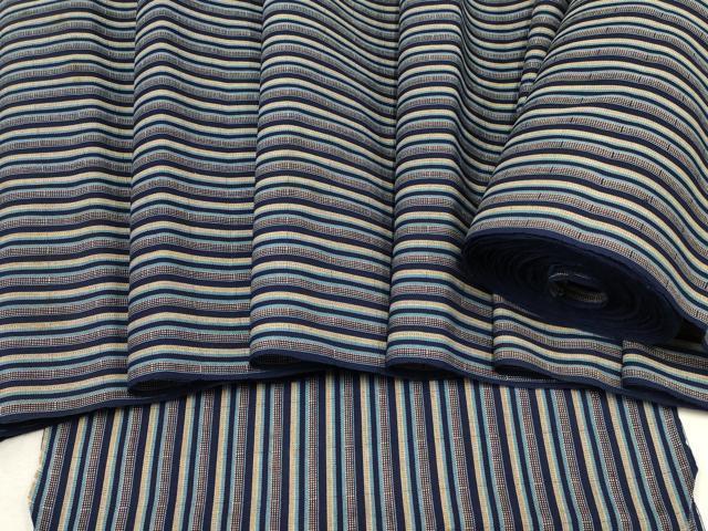 しつけ付　未使用　貴重　会津もめん　綿　反物　本染　一反分　山田木綿　紺　赤　茶 縞柄1（紺）【山田木綿織元】