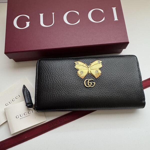 【美品】 963 GUCCI グッチ マーモントラウンドファスナー 長財布 蝶