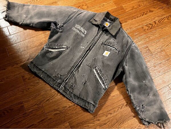 90s Carhartt 星タグ デトロイトジャケット 9分丈 ブラック→グレーフェード M カーハート アクティブ チョアコート ハートタグ ダブルニー