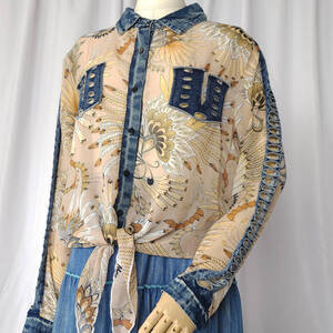 used フリーサイズ デザインシャツ シアーシャツ 花柄 デニム 長袖 ベージュ系 古着 ブラウス シースルー ボタニカル 総柄 レディース