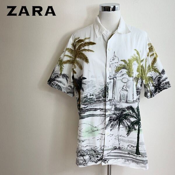 ZARAザラ リゾートプリント オープンカラーシャツ(ヤシの木柄・半袖)