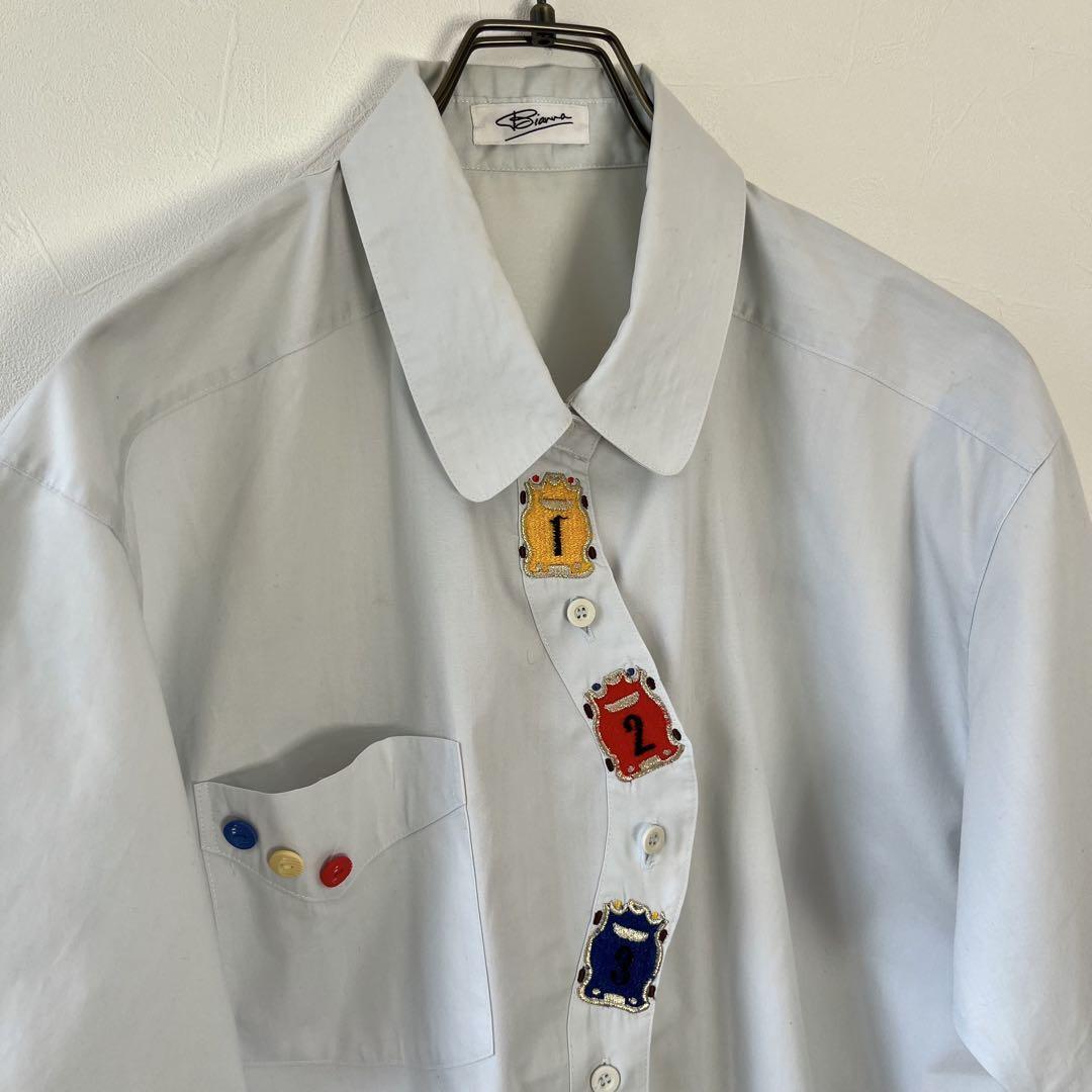 古着 日本製 刺繍デザインシャツ 半袖 アシンメトリー レトロ 綿 コットン M