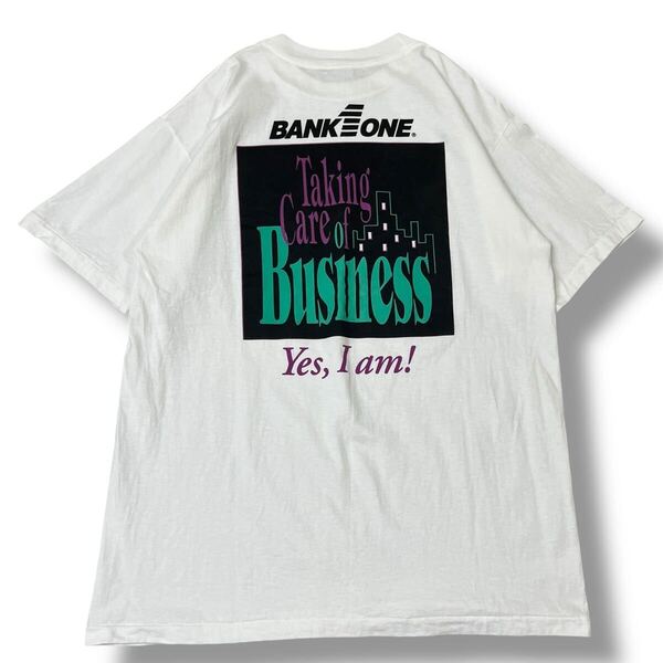 【90s】 USA製 BANK 1 ONE(バンクワン) 銀行 企業ロゴTシャツ XL Tuff Tee 両面プリント シングルステッチ ビンテージ 半袖Tシャツ 古着