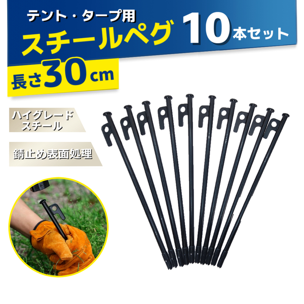 テント用 スチールペグ 10本セット 鍛造 高強度 キャンプ アウトドア 設営 タープ 軽量 高耐久性 錆止め加工 杭