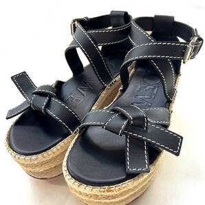 【即決/サイズ36】 LOEWE Gate Wedge Espadrille ゲートウェッジエスパドリーユ サンダル ブラック レザー ストロー 約23cm ロエベ