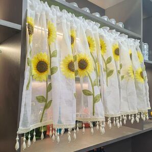 カフェカーテン 幅300センチ*丈50センチ 上品 目隠し フリンジ付き 大判 高級刺繍 ホワイト 白 レース ひまわり 花柄 可愛い