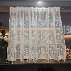 新発売 カフェカーテン 幅100センチ*丈50センチ 上品 目隠し フリンジ付き 高級刺繍 ホワイト 白 レース