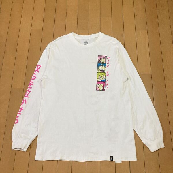 【良品】HUF ハフ 奴らを泣かせろ long sleeve Tシャツ 白 長袖 ロンT クルーネック ホワイト L 白 プリント ロングスリーブ