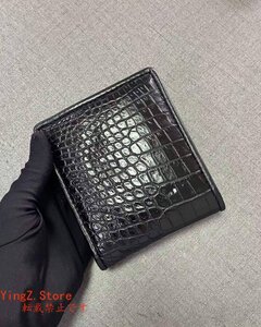一枚革 薄型!クロコダイル本革 二つ折り財布 ワニ革 カード入れ ウォレット レザー財布 小銭入れなし ミニ財布 メンズ ブラック