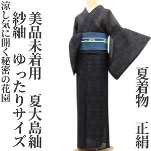 【ゆめsaku】美品未着用 紗紬 夏着物 正絹 ゆったりサイズ“涼し気に開く秘密の花園”夏大島紬 J-86