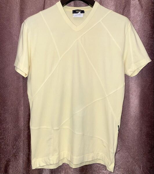 MADE IN ITALY製 VERSACE JEANS COUTURE VネックTシャツ ベビーイエロー Mサイズ ヴェルサーチ ジーンズクチュール イタリア製 黄色