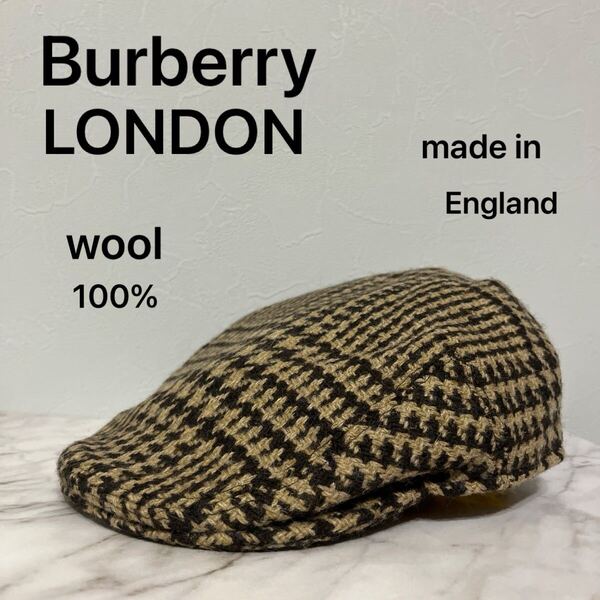 Burberry バーバリーロンドン 千鳥格子 イギリス製 ハンチング 帽子 ブラウン×ベージュ キャップ ウール帽 ウール100%