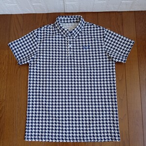 2184【中古】Comon GOLF コモンゴルフ ゴルフウェア 半袖ボタンダウンポロシャツ メンズサイズ L 白地/黒の幾何学模様柄