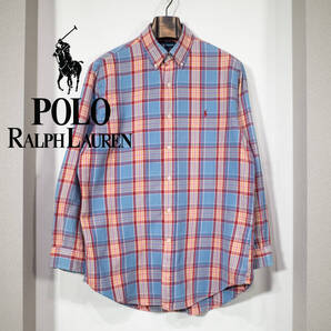 L / Polo Ralph Lauren ラルフローレン 90s チェック ボタンダウンシャツ ブルー×レッド×イエロー CUSTOM FIT 送料無料 アメトラ 古着