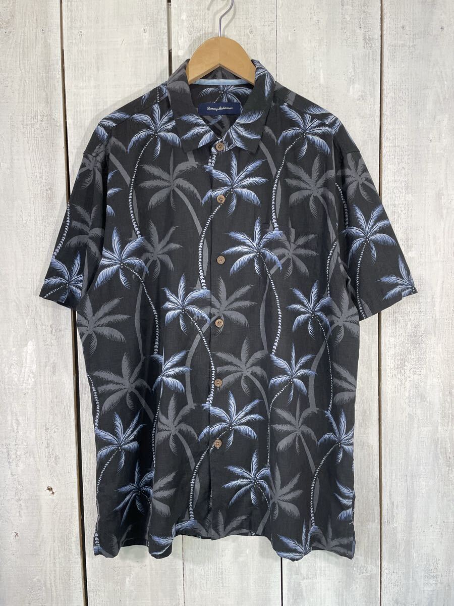 トミーバハマ アロハ 半袖シャツ シルク 水着美女 パームツリー 黒 XL相当 90s Tommy Bahama トミーバハマ パームツリー柄 総柄 シルク