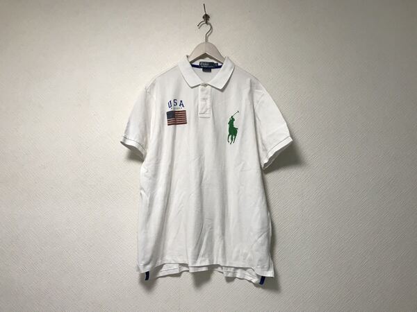 本物ポロラルフローレンPOLORALPHLAURENコットンアメリカ国旗ビッグポニーロゴ刺繍半袖ポロシャツメンズサーフゴルフ2XL白ホワイトXXL