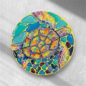真作 絵画 原画 ウミガメ 丸形キャンバス 現代アート 動物画 アートワーク 作品証明書付 ハワイ