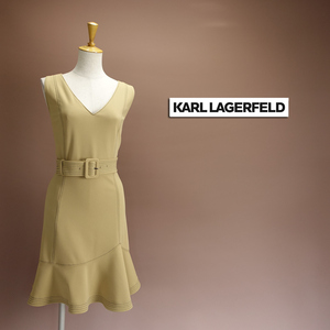 新品カールラガーフェルド 10/15号 薄茶 ベージュ フレア ベルト付 Vネック ワンピース ドレス ノースリーブ 輝44N0903