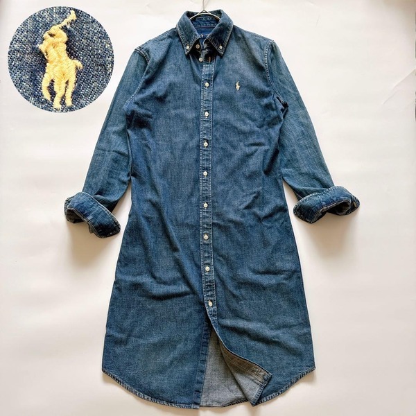 RALPH LAUREN(ラルフローレン)デニムシャツワンピース 長袖 ボタンダウン 白 ポニー刺繍 ダンガリーシャツワンピ インディゴ S ロング丈