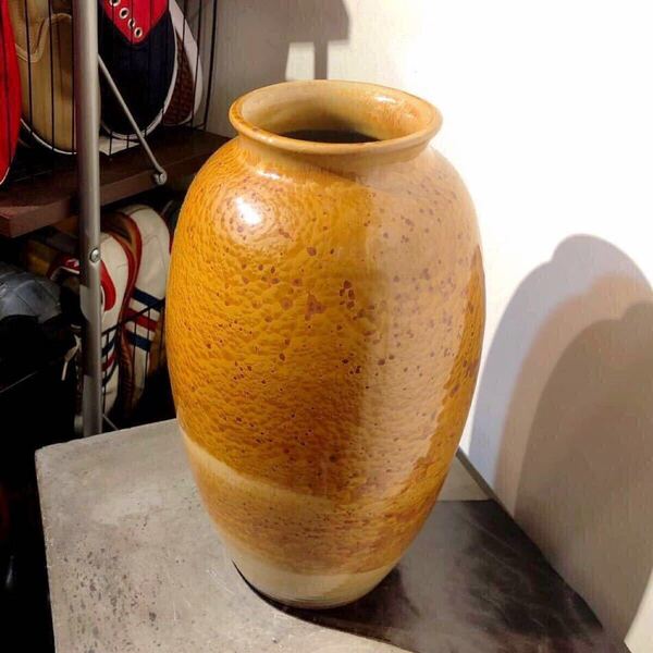 【即決/送料無料】味鉄窯 茶釉筒型花器 陶磁器花瓶 フラワーベース インテリア 中古 全高34cm 3.8kg Ceramic Flower Vase