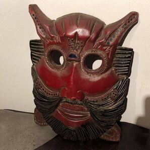 【即決/送料無料】木製赤鬼面 魔除け面 東南アジア アジアン雑貨 海外製雑貨 年代物中古