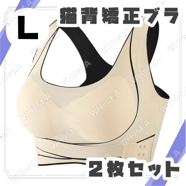 L 猫背矯正ブラ 2枚セット ベージュ ナイトブラ 補正ブラ 育乳ブラ ノンワイヤー
