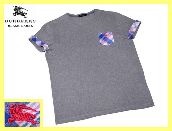 大人気 L(3)!美品!ポケット・袖口裏ノバチェック Tシャツ D1P38-737-04◇バーバリーブラックレーベル BURBERRY BLACK LABEL ホース刺繍