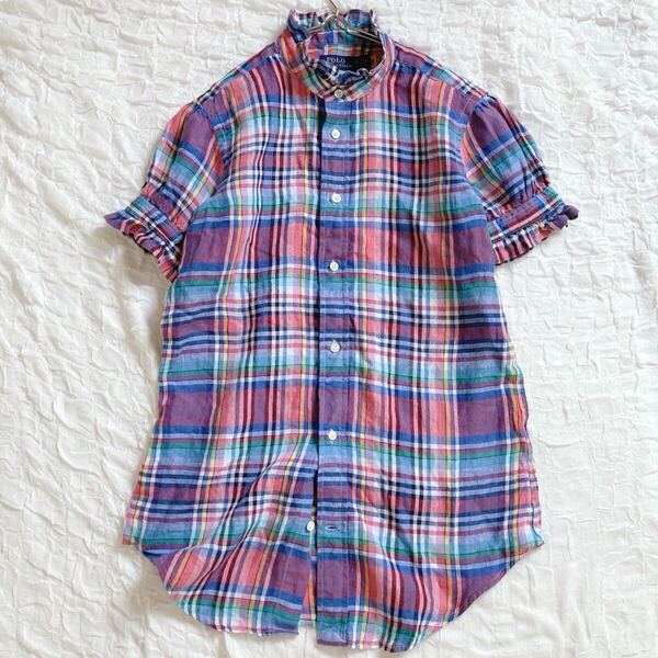 POLO RALPH LAUREN S リネン 麻 現行タグ シャツ チェック 麻 半袖シャツ トップ ポロラルフローレン ブルー ピンク